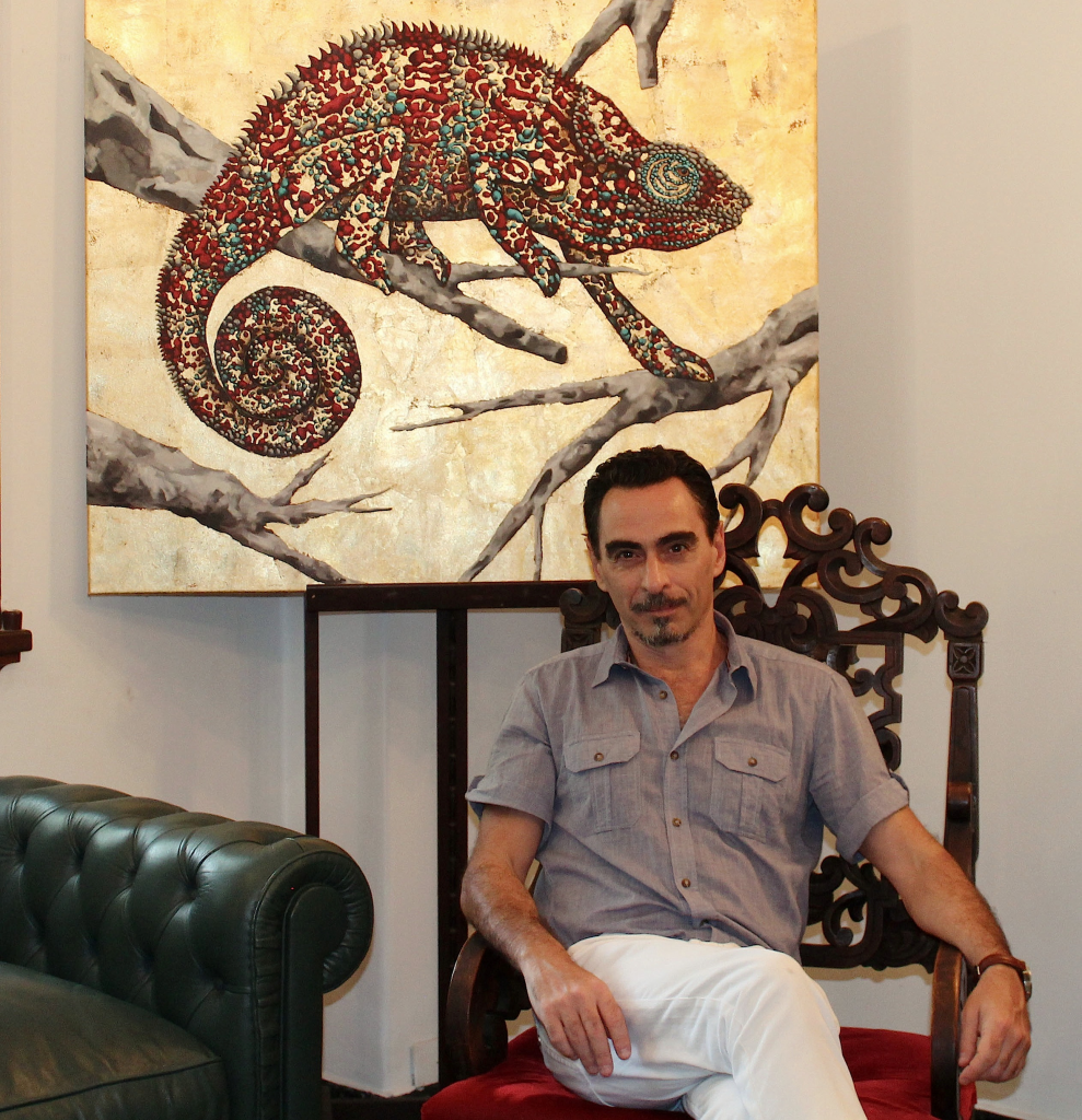 Andahazi with chameleon painted by his wife, Aida Pippo